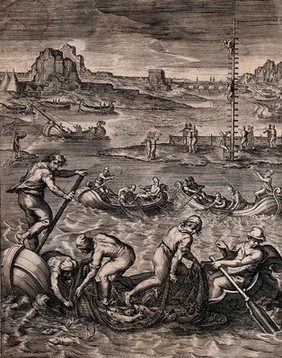 Fishermen trapping fish in the Sea of Marmara with the aid of a look-out post. Engraving after A. Caron, 1615.