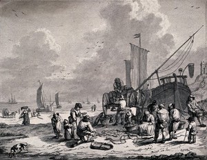 view A fishing boat drawn up on to the beach at Scheveningen, surrounded by fishermen and a fishwife selling fish to customers. Etching by C. Weisbrod and engraving by J.P. Le Bas, 1779, after P. Bout.