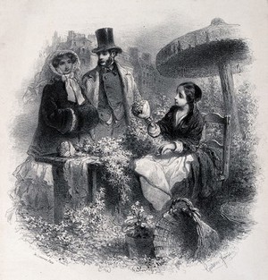 view A flower seller offers a bunch of flowers to a young couple who are standing near her stall. Lithograph by Gustave Janet.