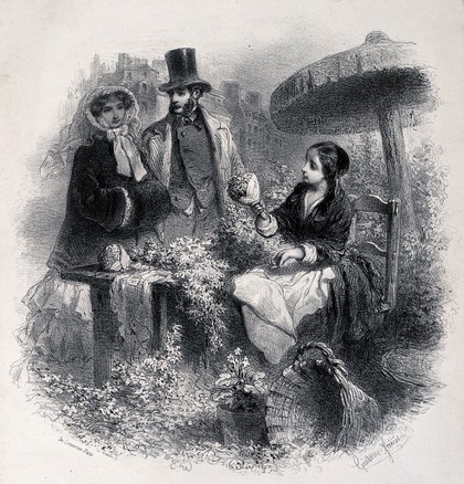 A flower seller offers a bunch of flowers to a young couple who are standing near her stall. Lithograph by Gustave Janet.