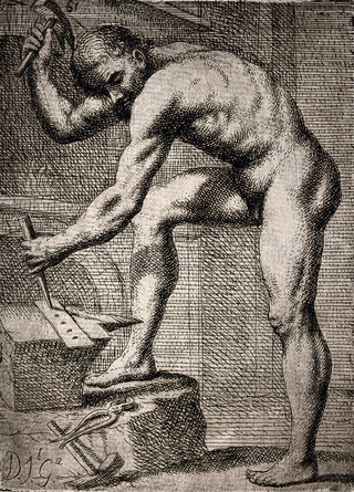 A smith makes holes in a sheet of metal on an anvil, other tools lie nearby. Etching by José Garcia Hidalgo.