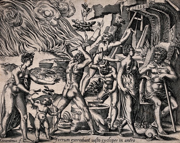 The forge of Vulcan: he sits by the forge as his assistants work on iron at the anvil. Engraving by Georges Reverdy.