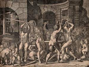 view Vulcan (Hephaestus) and his assistants make armour and metal chains. Engraving by the Monogrammatist FG after F. Primaticcio.