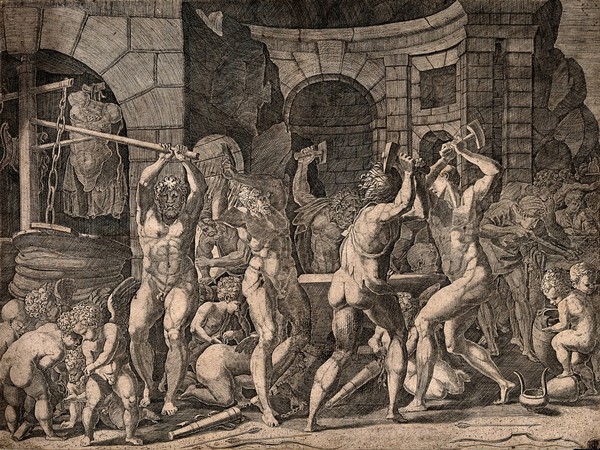Vulcan (Hephaestus) and his assistants make armour and metal chains. Engraving by the Monogrammatist FG after F. Primaticcio.