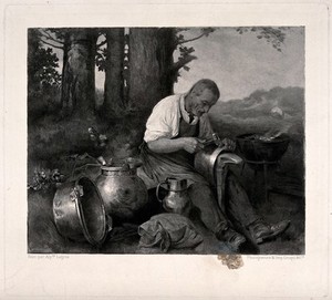 view An old man sits beating metal into shape to make cauldrons and other cooking pots. Photogravure by Goupil & C.ie after Alphonse Legros.