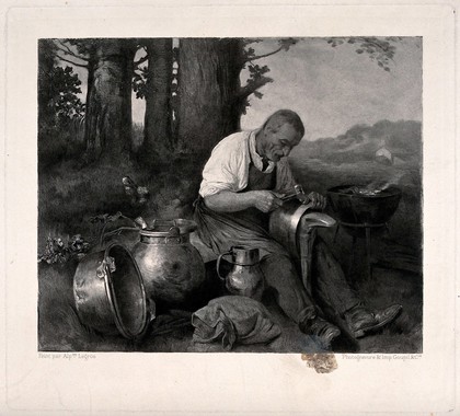An old man sits beating metal into shape to make cauldrons and other cooking pots. Photogravure by Goupil & C.ie after Alphonse Legros.