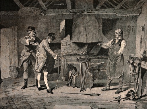 A young man is flexing a sword to test its strength as the sword maker looks on and tests another one. Wood engraving by <?> Klinkight after A. Laby.
