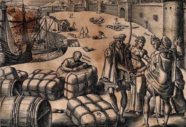 A harbour in which bales of goods are being traded between two merchants: falsehood and fraud govern the transaction, aided by an untrained clerk; representing the fraudulent use of commercial law. Engraving by H. Goltzius.