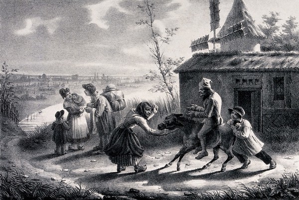 A miller sits on a donkey which is being pulled by the reins and pushed from behind to make it move. Lithograph by S. Baptiste, 1828.