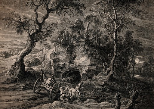 A man is riding on a horse which is pulling a wagon loaded with stone and another man is attempting to keep the wagon steady. Engraving by S.(?) à Bolswert after Sir Peter Paul Rubens.