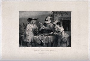 view A pedlar of jewelry reads from a sheet, ladies inspect his wares, and a shepherd looks delighted. Engraving by S. Davenport after J. Holmes after C.R. Leslie.