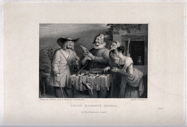 A pedlar of jewelry reads from a sheet, ladies inspect his wares, and a shepherd looks delighted. Engraving by S. Davenport after J. Holmes after C.R. Leslie.