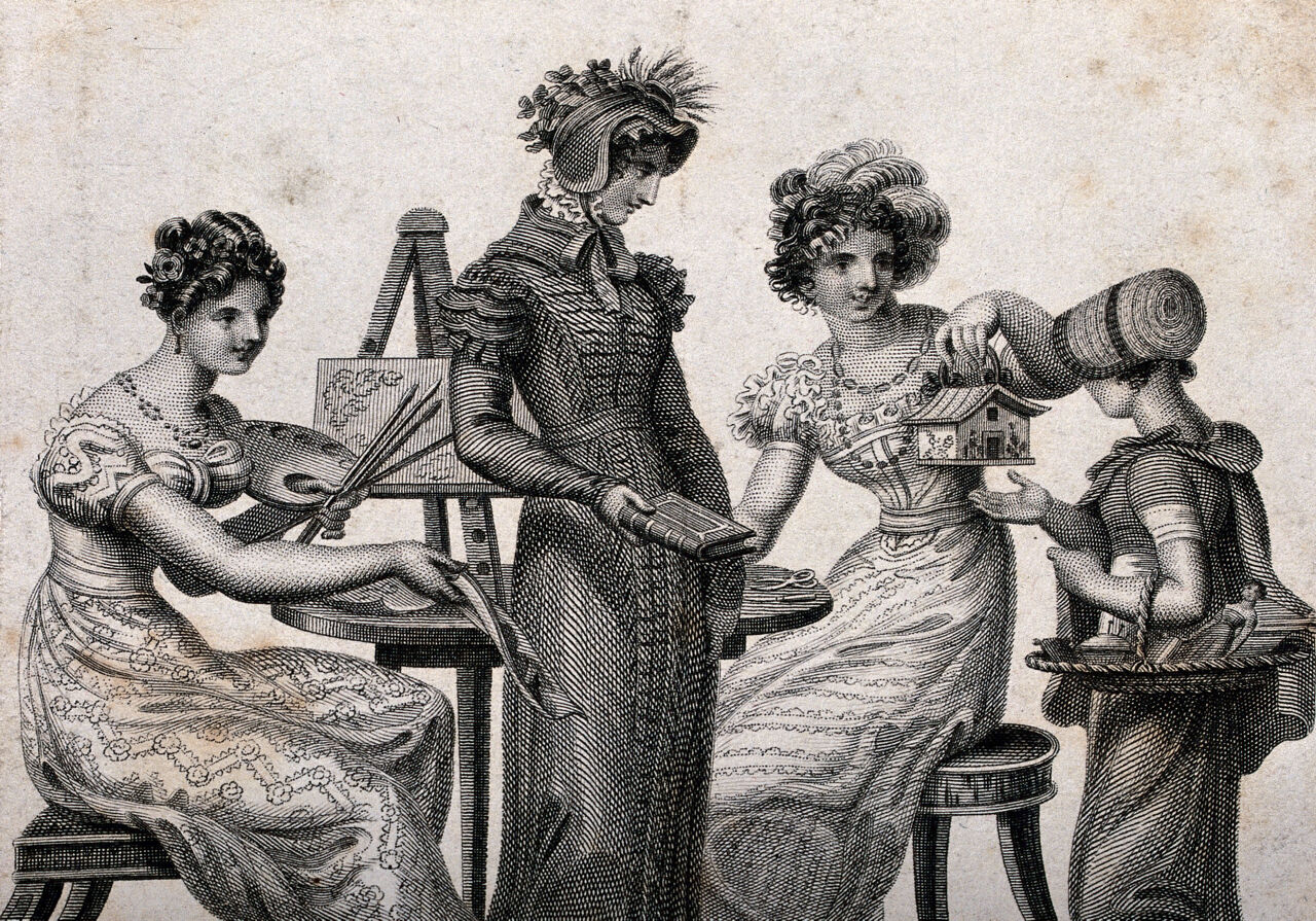 A girl receives three gifts from three young women: a painting from a woman seted at an easel, a leather-bound book from a woman dressed in outdoor clothes, and a model of a chalet from a woman with scissors and a knife. Engraving., by Adam Buck