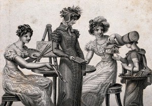 view A girl receives three gifts from three young women: a painting from a woman seted at an easel, a leather-bound book from a woman dressed in outdoor clothes, and a model of a chalet from a woman with scissors and a knife. Engraving.