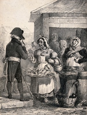 view A woman trader at the Halles market in Paris defends her conduct in conversation with an official as another woman looks on in amusement. Lithograph by N. Charlet, 1825.