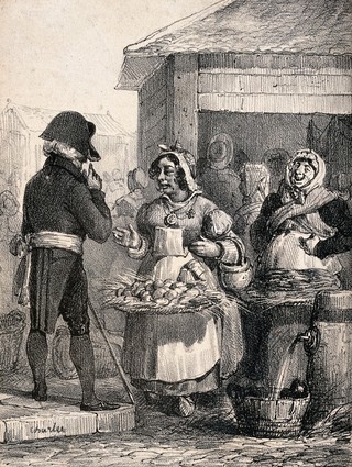 A woman trader at the Halles market in Paris defends her conduct in conversation with an official as another woman looks on in amusement. Lithograph by N. Charlet, 1825.