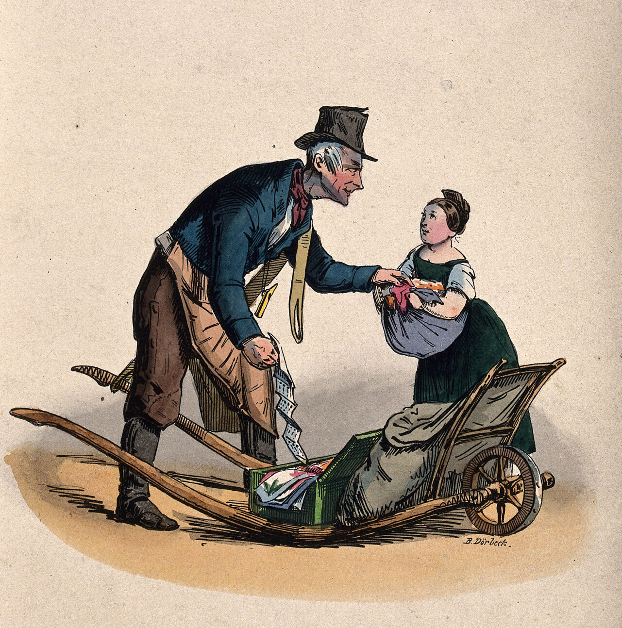A man is attempting to take some things that a girl has wrapped up in her apron, he has a paper in his other hand and a sack and a box on his trolley. Coloured lithograph by F.B. Dörbeck., 1800-1899, by Franz Burchard Dörbeck