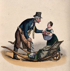 view A man is attempting to take some things that a girl has wrapped up in her apron, he has a paper in his other hand and a sack and a box on his trolley. Coloured lithograph by F.B. Dörbeck.