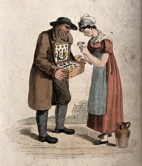 A Jewish pedlar with a box of watches and jewelry offers them for sale to a young woman. Coloured engraving, 1827.
