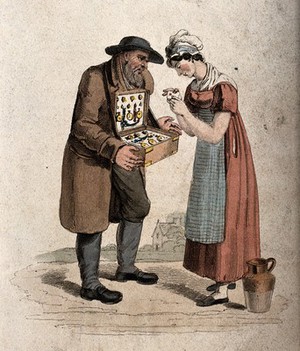 view A Jewish pedlar with a box of watches and jewelry offers them for sale to a young woman. Coloured engraving, 1827.
