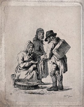 A fisherman's wife from Newhaven selling fish to a man in a market in Edinburgh. Etching by Walter Geikie.