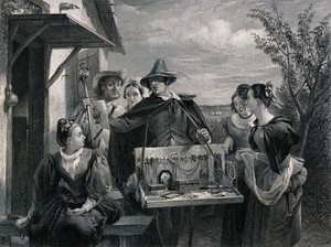 view Autolycus, a seller of trinkets, reciting a list of his wares to women and a shepherd who watch and point to them. Engraving by Lumb Stocks after C.R. Leslie.