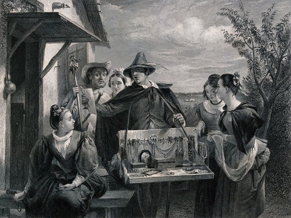 Autolycus, a seller of trinkets, reciting a list of his wares to women and a shepherd who watch and point to them. Engraving by Lumb Stocks after C.R. Leslie.