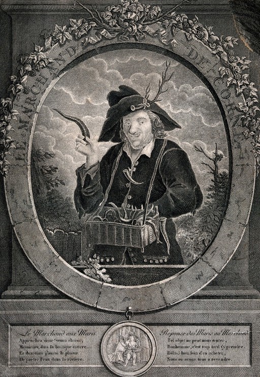 A man is selling horns from his basket. Engraving by Frs. Rubert after le Nain.