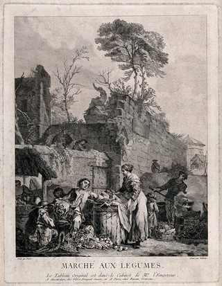 Market traders selling vegetables, and a man cooking in a long-handled pan on a brazier; beyond, an ancient wall and a rotunda. Etching by J. Pelletier after J.B.M. Pierre.