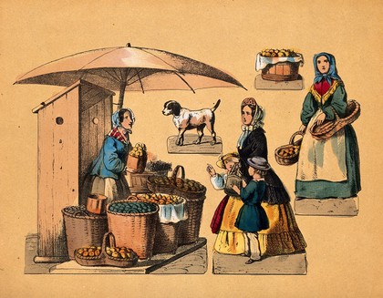 A woman is selling fruit from her market stall, set up under a large umbrella, to a woman who has two small children with her. Colour lithograph.