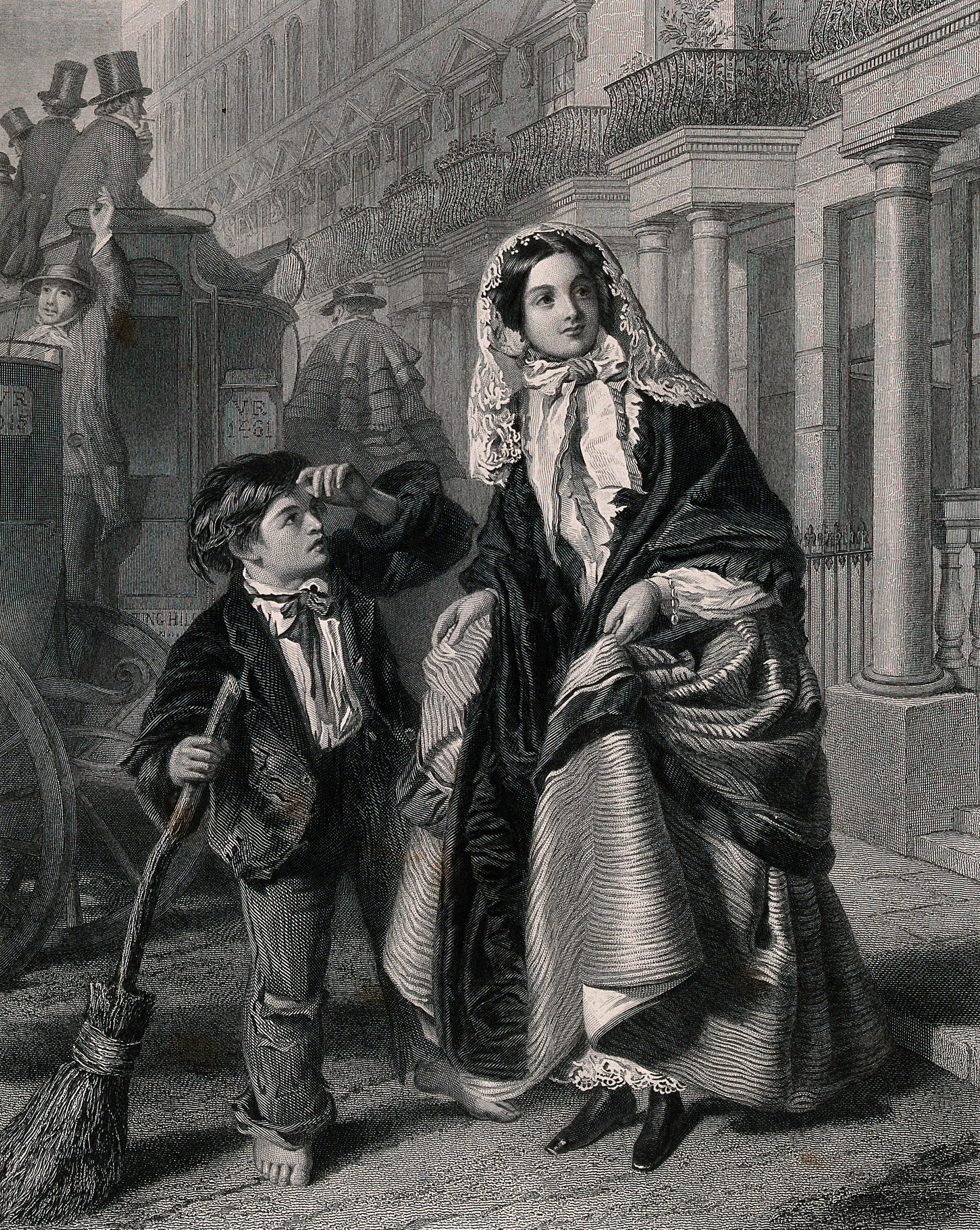 A Young Boy With A Broom Is Touching His Forelock To A Woman Who Is Crossing The Street Engraving Wellcome Collection