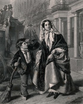 A boy with a broom is touching his forelock to a woman who is crossing the street. Engraving after W.P. Frith.