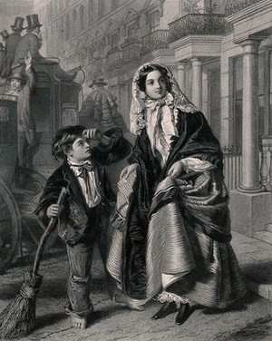view A boy with a broom is touching his forelock to a woman who is crossing the street. Engraving after W.P. Frith.