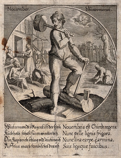 A man is standing on a log with an axe in his hand chopping wood and women are gathering corn for the winter. Engraving.