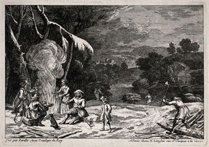 view Activities of winter: a man is chopping wood and others are warming themselves at a bonfire on a river bank. Etching by Perelle.