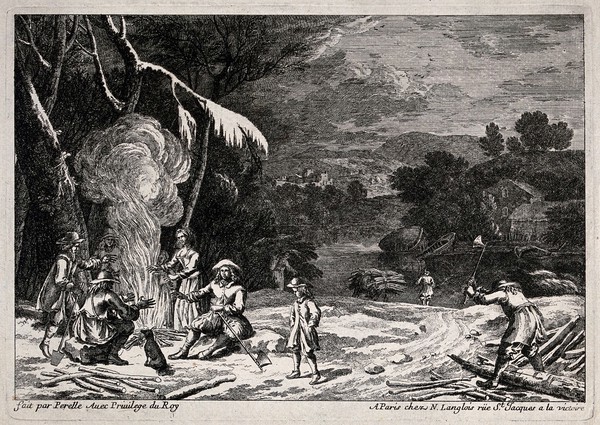 Activities of winter: a man is chopping wood and others are warming themselves at a bonfire on a river bank. Etching by Perelle.