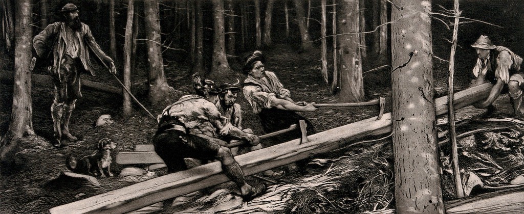 Four men are logging trees in a Bavarian forest, and another man is overseeing them. Etching and mezzotint by Hubert Herkomer.