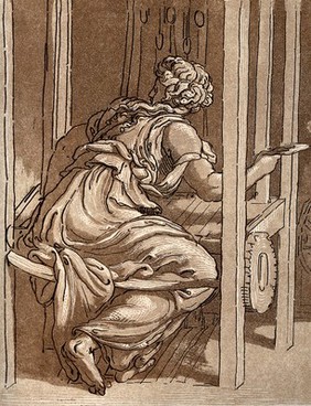 A woman is weaving at a loom with a spindle in her hand. Aquatint by C.M. Metz.