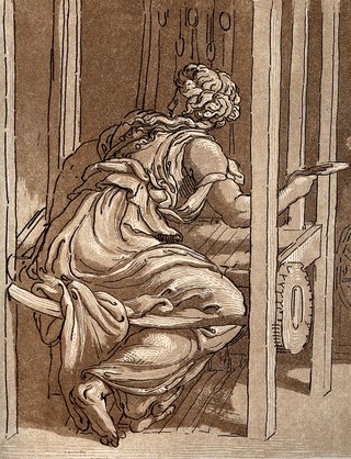 A woman is weaving at a loom with a spindle in her hand. Aquatint by C.M. Metz.