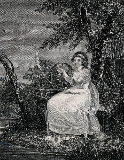 A young woman is sitting under a tree with a spindle and shuttle. Engraving by Saunders after Woolley.