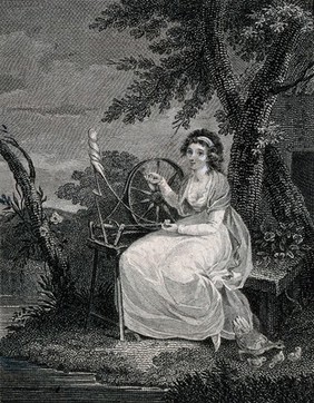 A young woman is using a spinning wheel under a tree with a spindle and shuttle. Engraving by Saunders after Woolley.