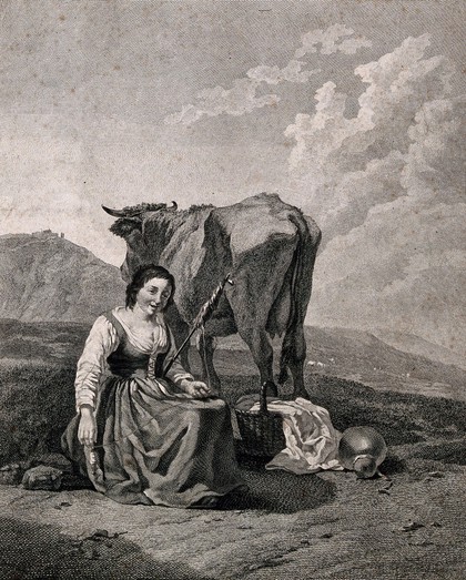 A young woman sits on a mountain side with a cow and a basket on the ground, spinnning yarn. Engraving by P. Laurent after Karel du Jardin.