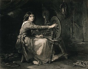 view A young Irish woman working at a spinning wheel. Engraving by Francis Holl after F.W. Topham.