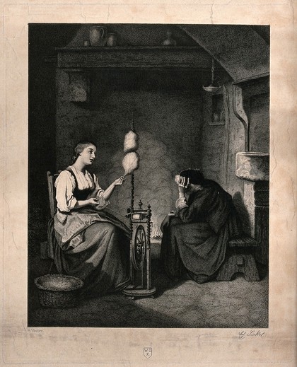 A girl sits spinning by the fire, opposite her sits a woman with her head in her hands. Engraving by Erh. Pickel after B. Vautier.