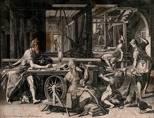 view Saint Paul staying in the house of Aquila and his wife Priscilla in Corinth; the family are making tents and Saint Paul is writing. Engraving by J. Sadeler after Jodocus Winghe.