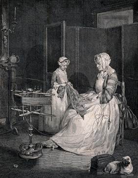 A mother and daughter reviewing embroidery made by the daughter; a yarn-winder stands nearby. Engraving by F.B. Lépicié, 1740, after J.B.S. Chardin.