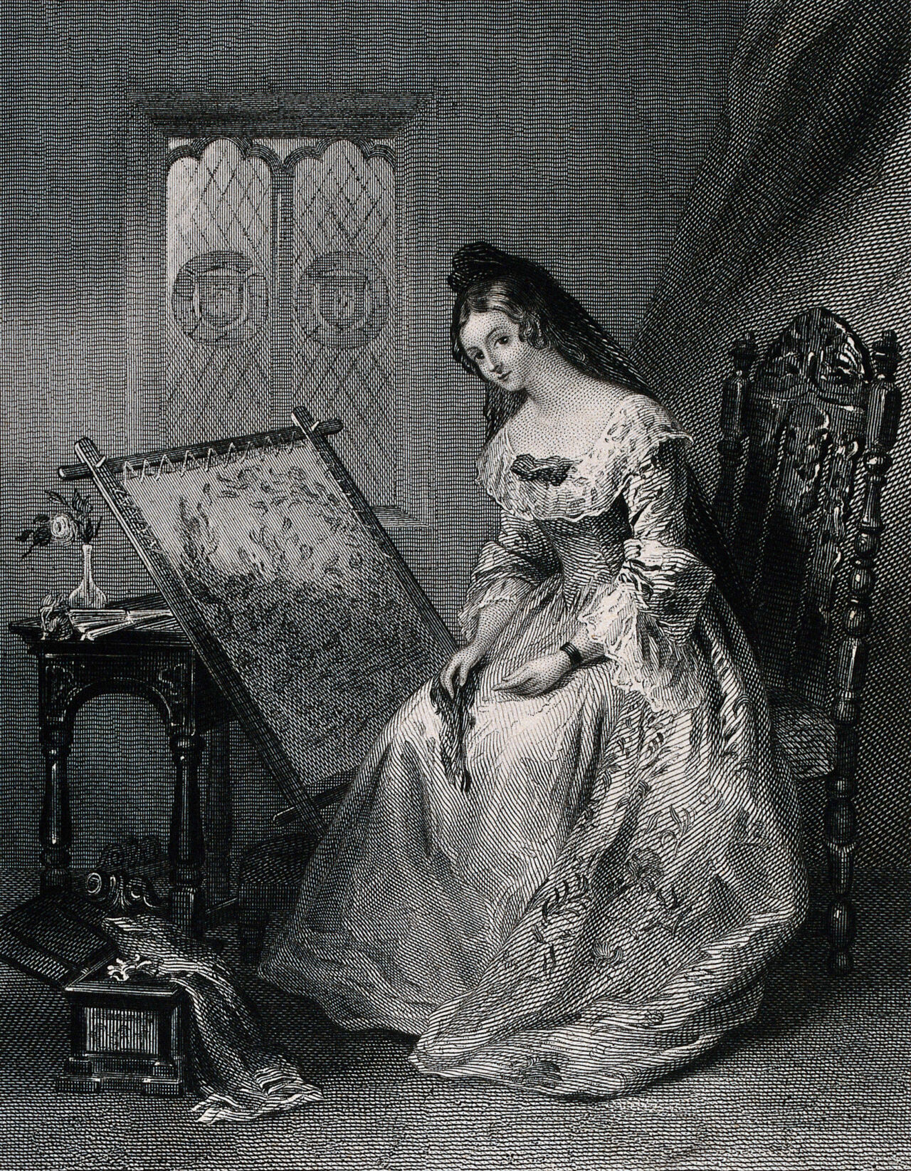 A young woman is sitting in a chair with a tapestry in a frame in front of her, trying to be distracted from the thought of her forced marriage. Engraving by W.H. Simmons, 1840, after J.H. Nixon., 1840, by James Henry Nixon