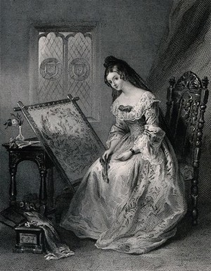 view A young woman is sitting in a chair with a tapestry in a frame in front of her, trying to be distracted from the thought of her forced marriage. Engraving by W.H. Simmons, 1840, after J.H. Nixon.