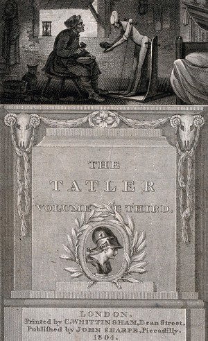 view A cobbler sits on a stool in front of a wooden jointed figure which he has created in order to give himself respect. Engraving by J. Neagle after H. Singleton.