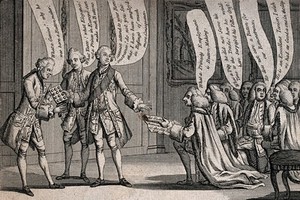 view The Lord Mayor of London kneels before King George III and presents a remonstrance on behalf of the City of London: the king has no time to read it as he is preoccupied with making buttons. Engraving, 1770.